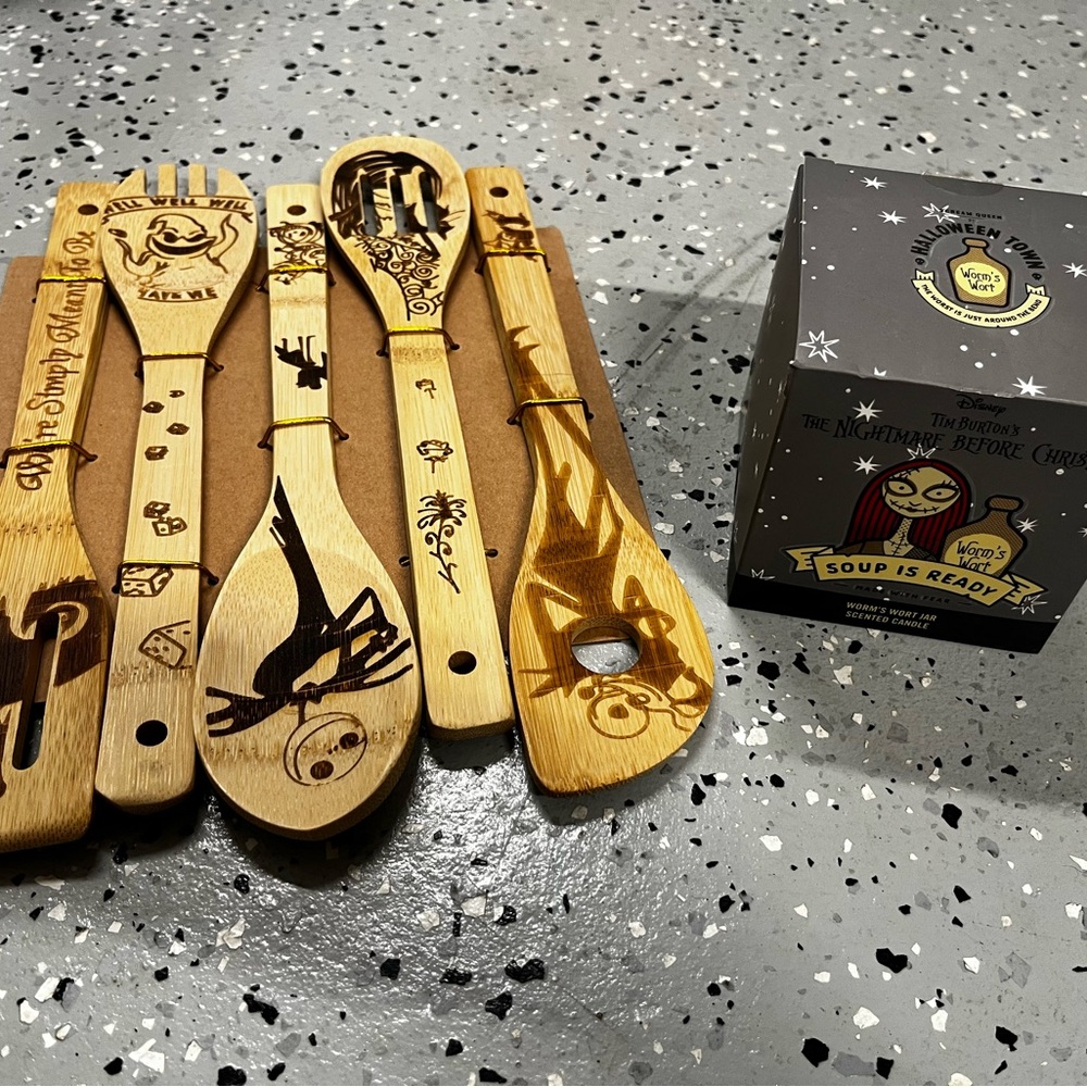 Nightmare Before Christmas Wooden Utensil Set and candle